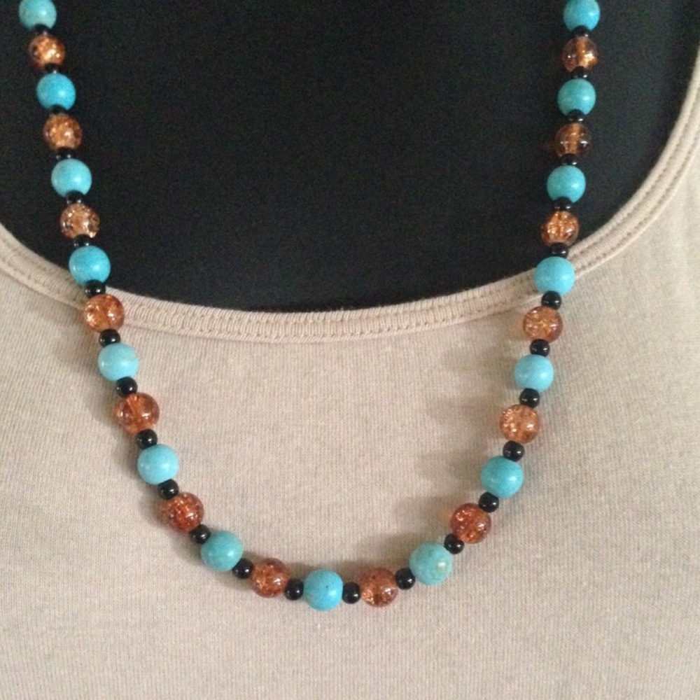 NEW Beaded Necklace Turquoise Amber Black Beads